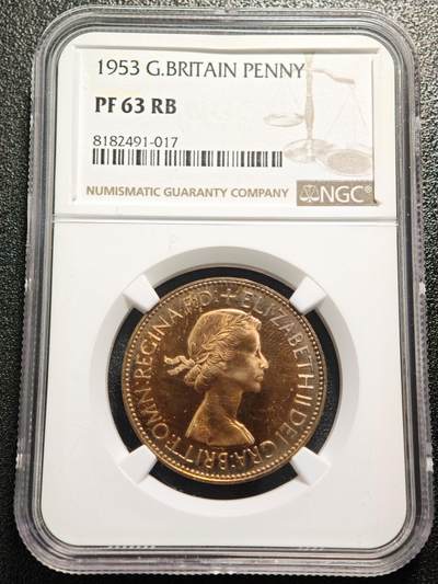 【德藏】世界币章拍卖第158期（拍品征集中~欢迎藏友联系） - 1953年 英国伊丽莎白二世加冕版1便士精制铜币 NGC PF63RB 镜面感强