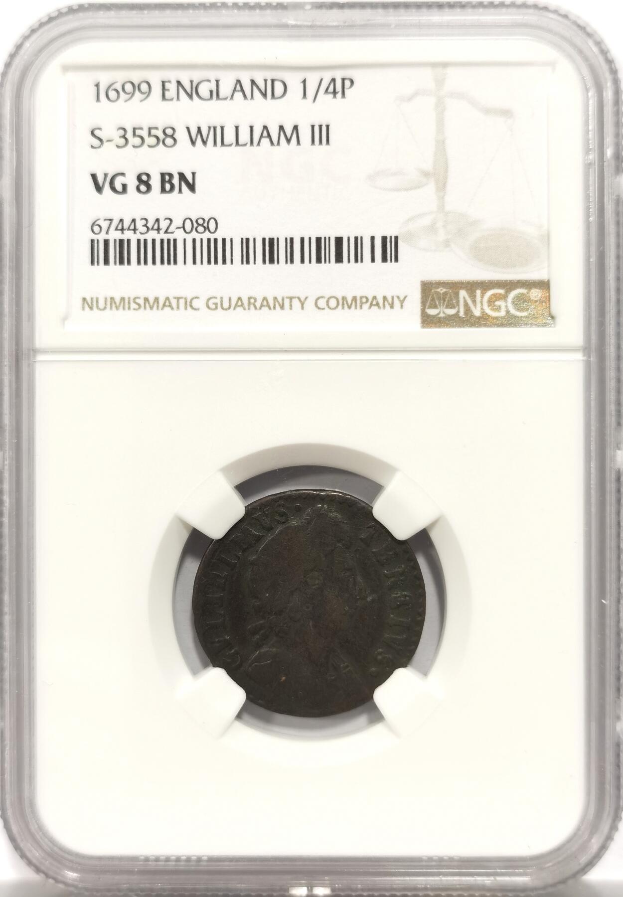 博洋堂世界钱币拍卖第154期（全场包邮） NGC VG8 英国1699年威廉三世1/4便士铜币
