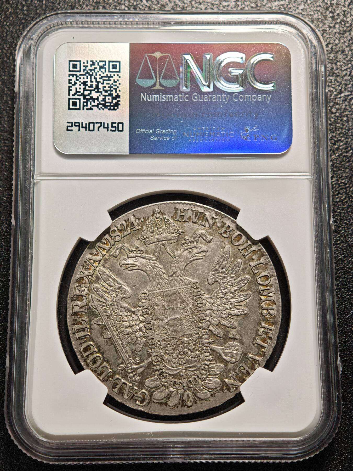 【德藏】世界币章拍卖第158期（拍品征集中~欢迎藏友联系） 1824年 奥地利弗朗茨一世双鹰泰勒大银币 NGC XF45 原味包浆 好状态