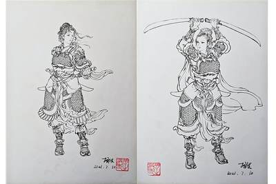 白泽拍卖卡牌手绘专场第30期（白金之夜 跨年大拍） - 2021 胡洪手绘画 2张 扈三娘 A4 胡洪亲签 钤印