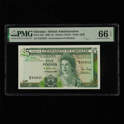 【亘邦集藏】第217期拍卖 - 1988年 直布罗陀5镑 PMG 66EPQ E854522