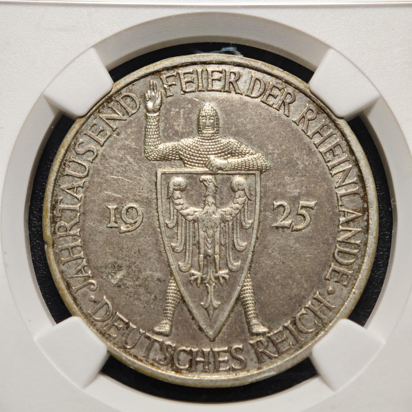【德藏】世界币章拍卖第158期（拍品征集中~欢迎藏友联系） 1925年 德国莱茵千年5马克大银币 NGC AU 经典品种