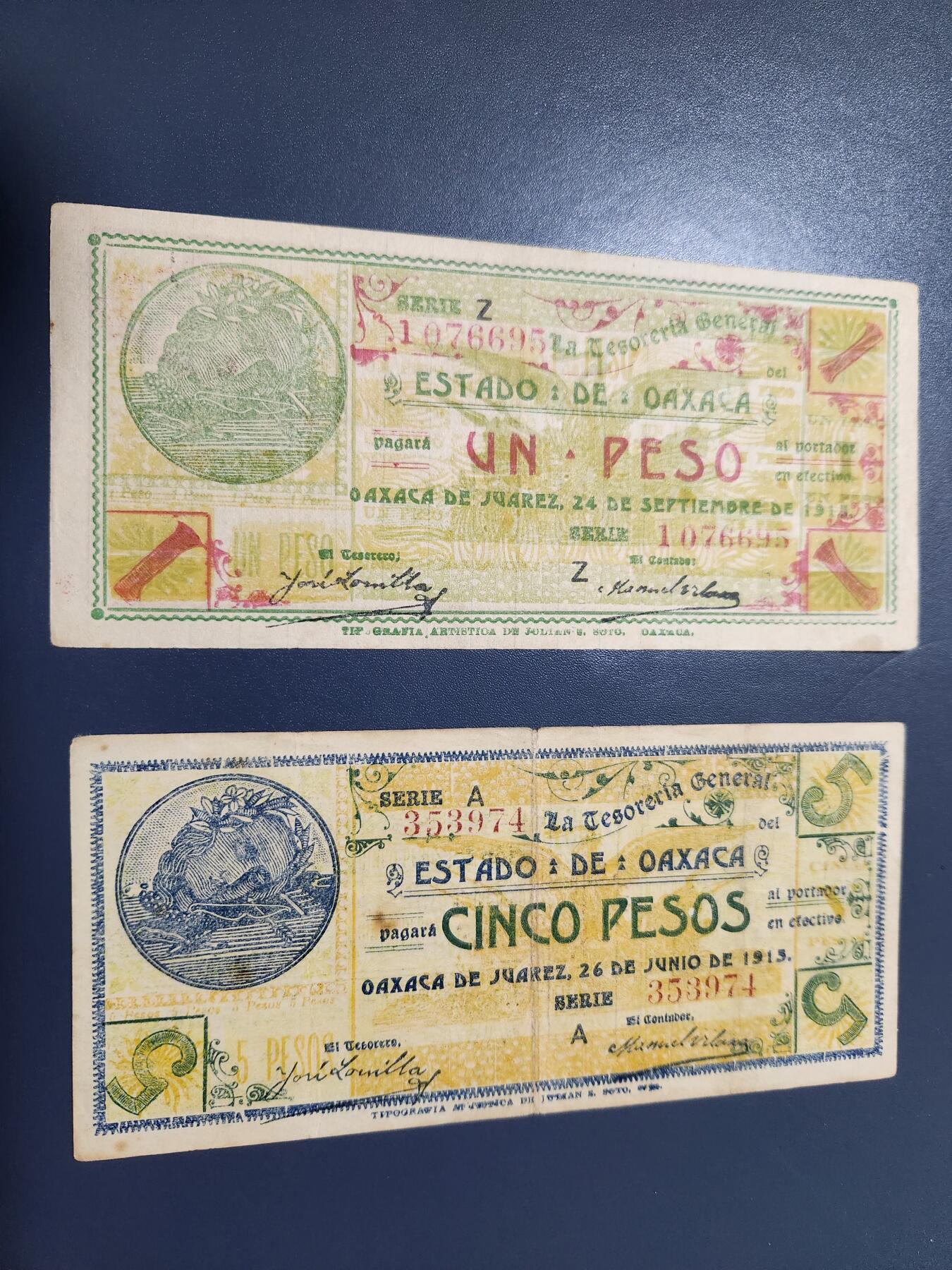 12月21号晚上8点 外国纸币自动截拍第75场 1915年 墨西哥1-5比索 纸币 极美品一对