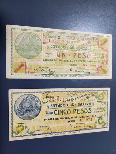 12月21号晚上8点 外国纸币自动截拍第75场 - 1915年 墨西哥1-5比索 纸币 极美品一对