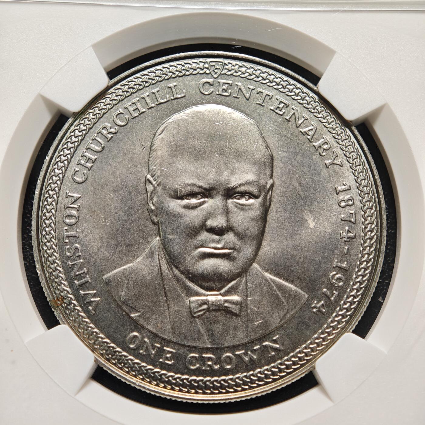 【德藏】世界币章拍卖第158期（拍品征集中~欢迎藏友联系） 1974年 马恩岛丘吉尔诞辰百年纪念1克朗纪念镍币 NGC MS66 状态极佳