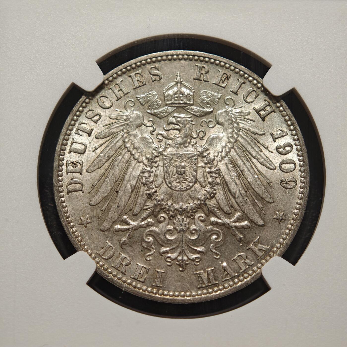 【德藏】世界币章拍卖第158期（拍品征集中~欢迎藏友联系） 1909年 德国汉堡3马克银币 NGC MS64 转光十足 品相极佳