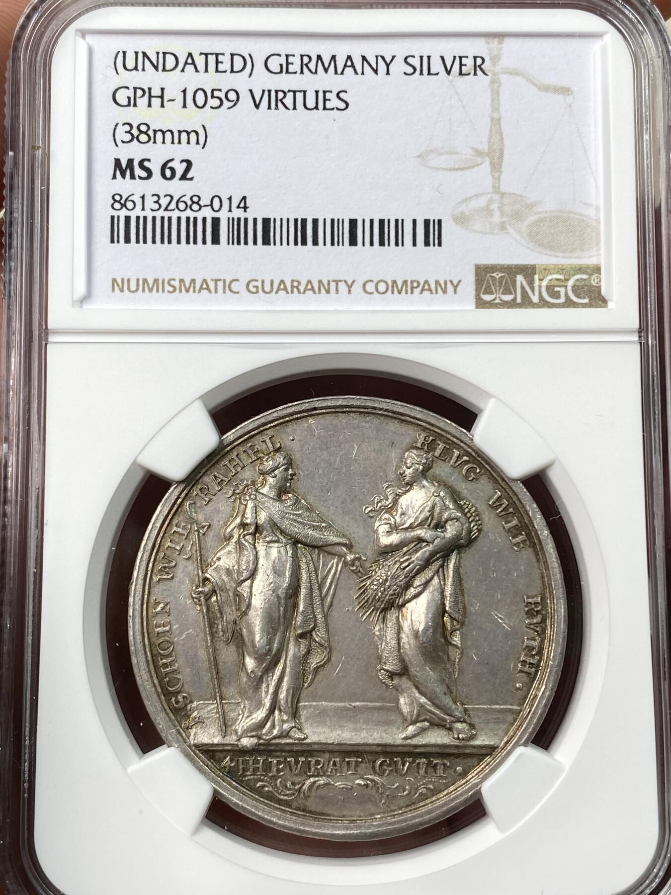 万国钱币拍卖第058期（万国新年大拍） NGC MS62 1700年德国纽伦堡男性美德纪念大银章 正面约瑟夫和丹尼尔代表纯洁和智慧 背面托比亚斯和塞缪尔代表勤奋和忠诚 40MM 16.27G 18世纪初德系精工细作的典型代表 人物包括表情与神情的刻画都非常入木三分 令人咋舌