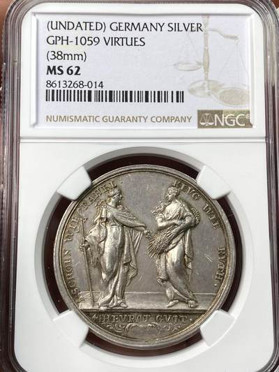 万国钱币拍卖第058期（万国新年大拍） - NGC MS62 1700年德国纽伦堡男性美德纪念大银章 正面约瑟夫和丹尼尔代表纯洁和智慧 背面托比亚斯和塞缪尔代表勤奋和忠诚 40MM 16.27G 18世纪初德系精工细作的典型代表 人物包括表情与神情的刻画都非常入木三分 令人咋舌