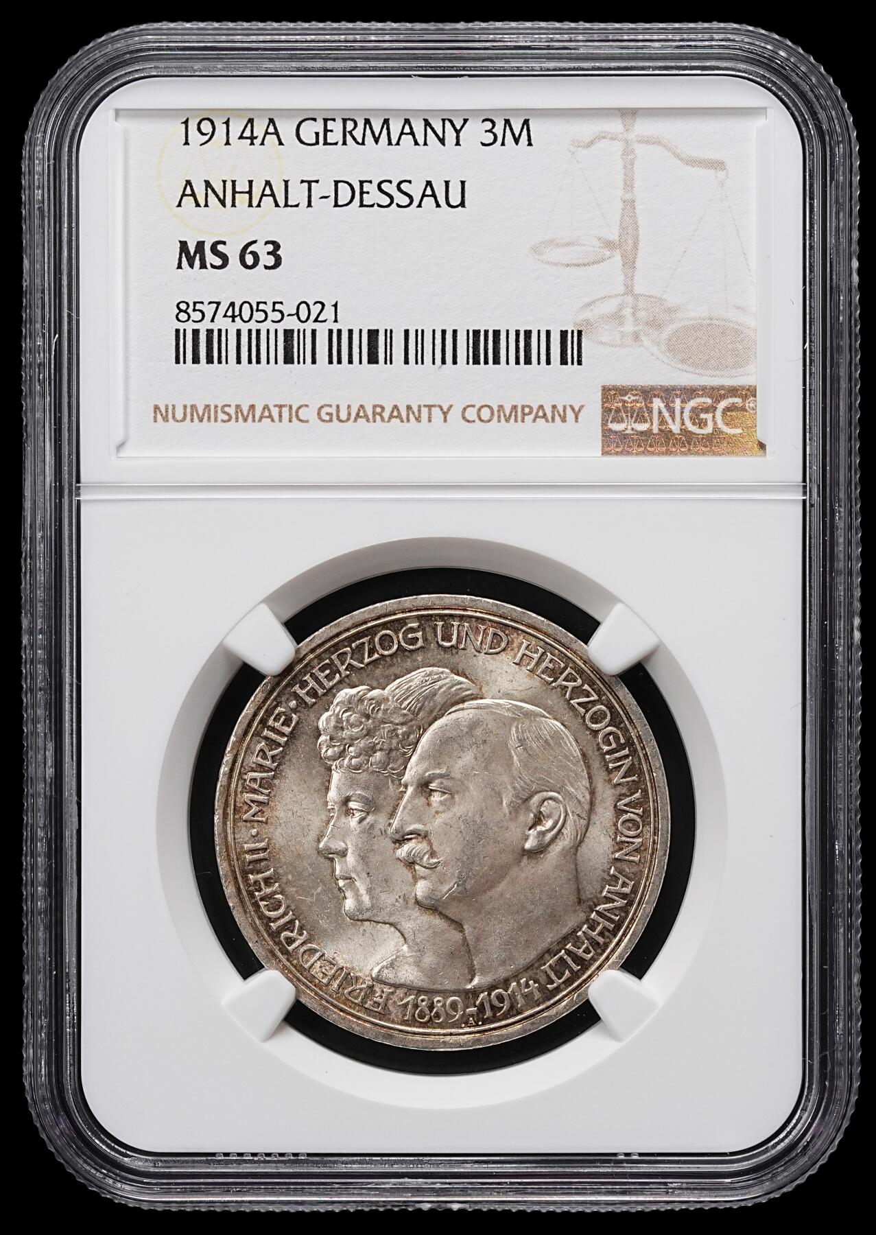 修遠堂世界钱币第九十八期 NGC MS63 1914年德国安哈尔特 - 德绍公国“腓特烈二世与玛丽公主银婚纪念” 3马克银币