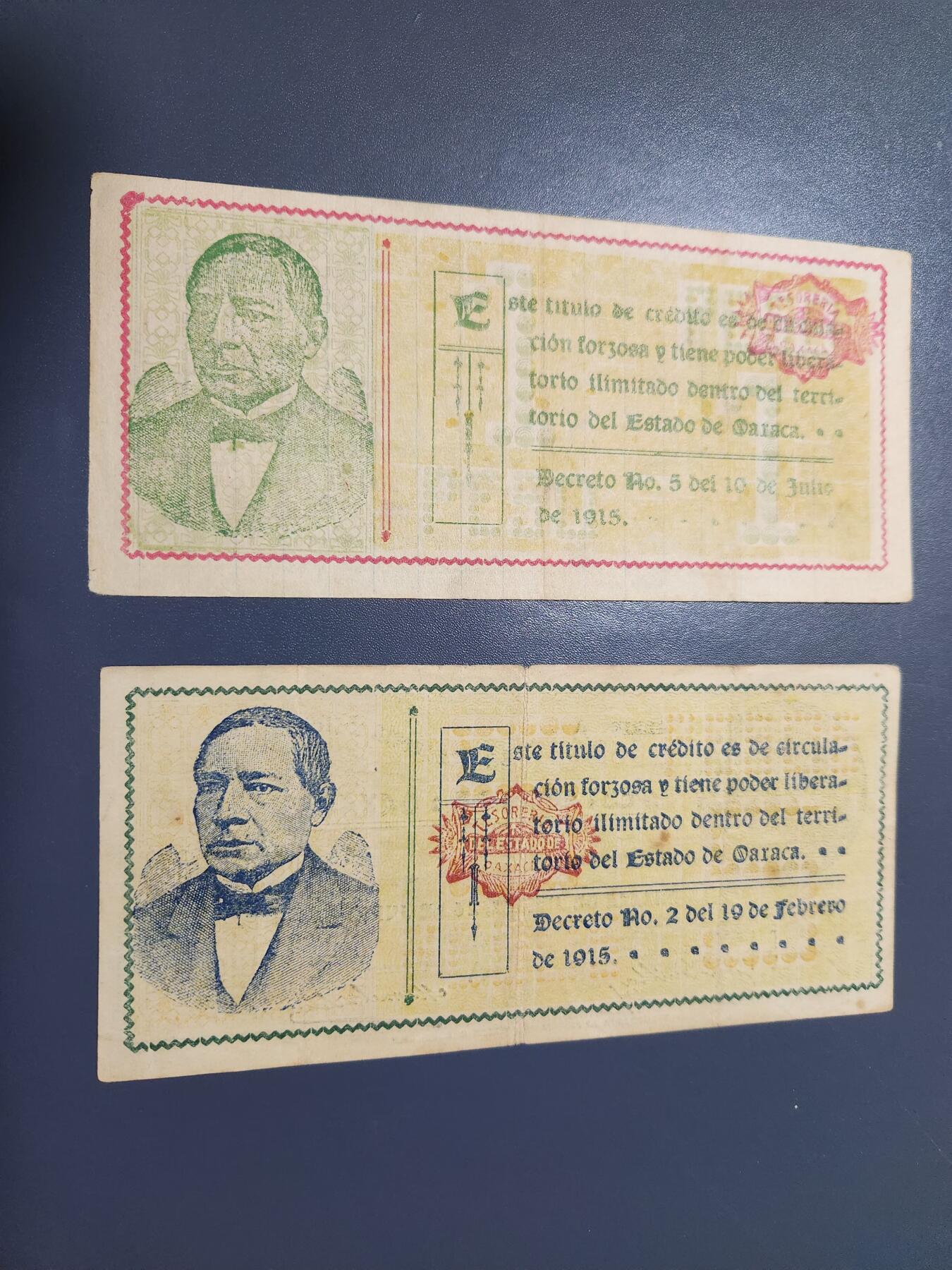 12月21号晚上8点 外国纸币自动截拍第75场 1915年 墨西哥1-5比索 纸币 极美品一对