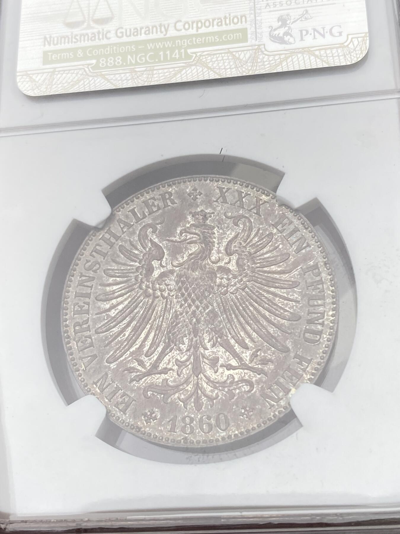 万国钱币拍卖第058期（万国新年大拍） NGC MS63 1860年德国法兰克福少女流通泰勒 无比均匀的厚重纸袋包浆 纽曼名家旧藏  可遇不可求的典藏级状态