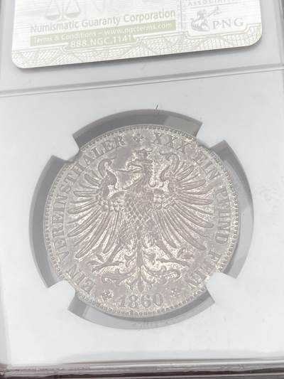 万国钱币拍卖第058期（万国新年大拍） NGC MS63 1860年德国法兰克福少女流通泰勒 无比均匀的厚重纸袋包浆 纽曼名家旧藏  可遇不可求的典藏级状态