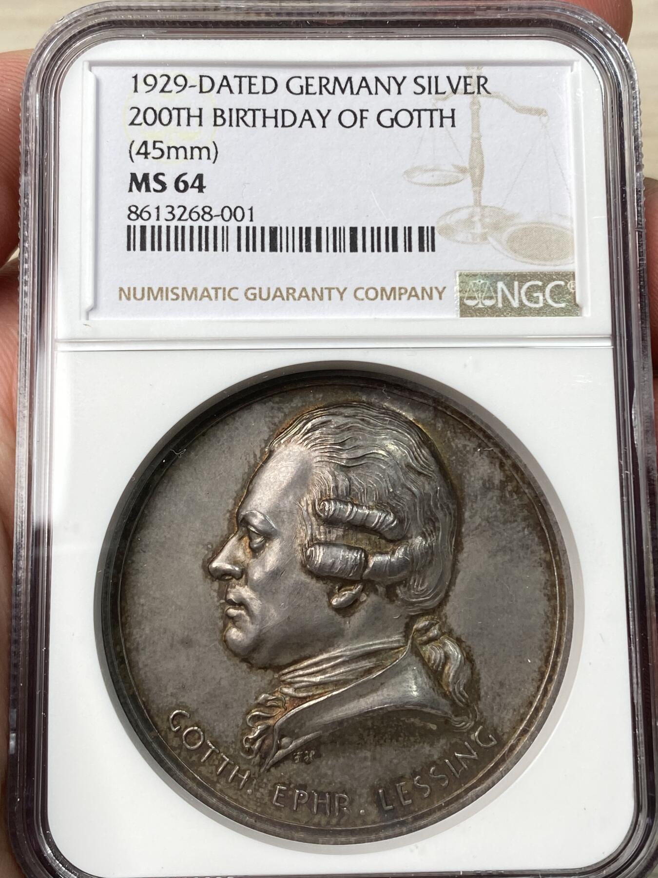 万国钱币拍卖第058期（万国新年大拍） NGC MS64 1929年德国哥特霍尔德·埃夫莱姆·莱辛诞辰200周年纪念大银章 莱辛是德国启蒙运动时期作家、文艺理论家 代表作《萨拉·萨姆逊小姐》《明娜·冯·巴恩赫姆》《智者纳旦》 三帝国名家雕刻师F·H作品 大规格45.1MM 32.7G 顶级收藏品质