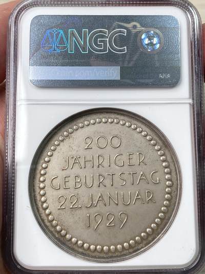 万国钱币拍卖第058期（万国新年大拍） NGC MS64 1929年德国哥特霍尔德·埃夫莱姆·莱辛诞辰200周年纪念大银章 莱辛是德国启蒙运动时期作家、文艺理论家 代表作《萨拉·萨姆逊小姐》《明娜·冯·巴恩赫姆》《智者纳旦》 三帝国名家雕刻师F·H作品 大规格45.1MM 32.7G 顶级收藏品质