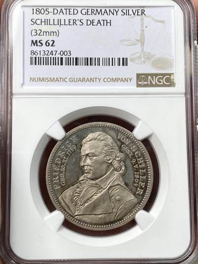 万国钱币拍卖第058期（万国新年大拍） - NGC MS62 1805年德国著名诗人席勒逝世纪念银章 精铸镜面喷砂质感 背面席勒公爵墓 极少见品种