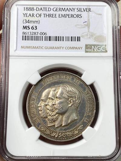 万国钱币拍卖第058期（万国新年大拍） - NGC MS63 1888年德国三皇之年普鲁士鹰纪念银章 黄金彩完美包浆 高浮雕喷砂镜面精制三皇全深打的普鲁士鹰少见