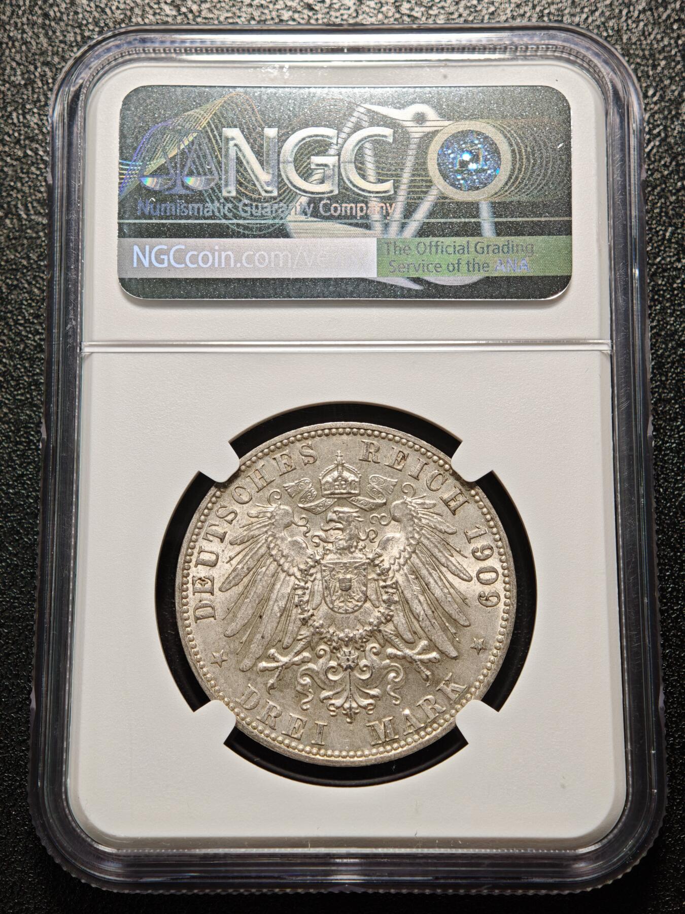 【德藏】世界币章拍卖第158期（拍品征集中~欢迎藏友联系） 1909年 德国汉堡3马克银币 NGC MS64 转光十足 品相极佳