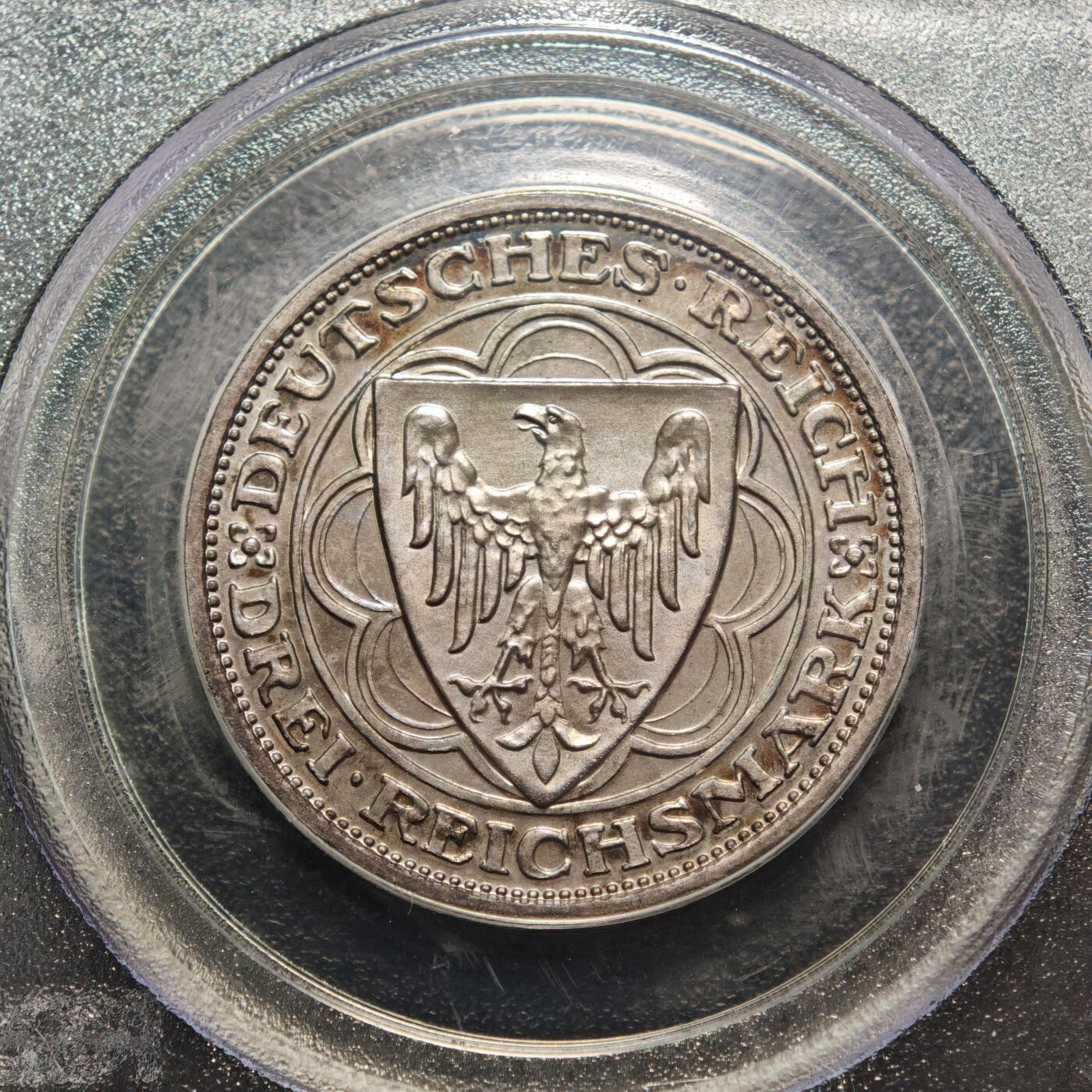 【德藏】世界币章拍卖第158期（拍品征集中~欢迎藏友联系） 1927年 德国魏玛不来梅港建港300周年纪念3马克精制银币 PCGS PR65 环彩包浆 状态极佳