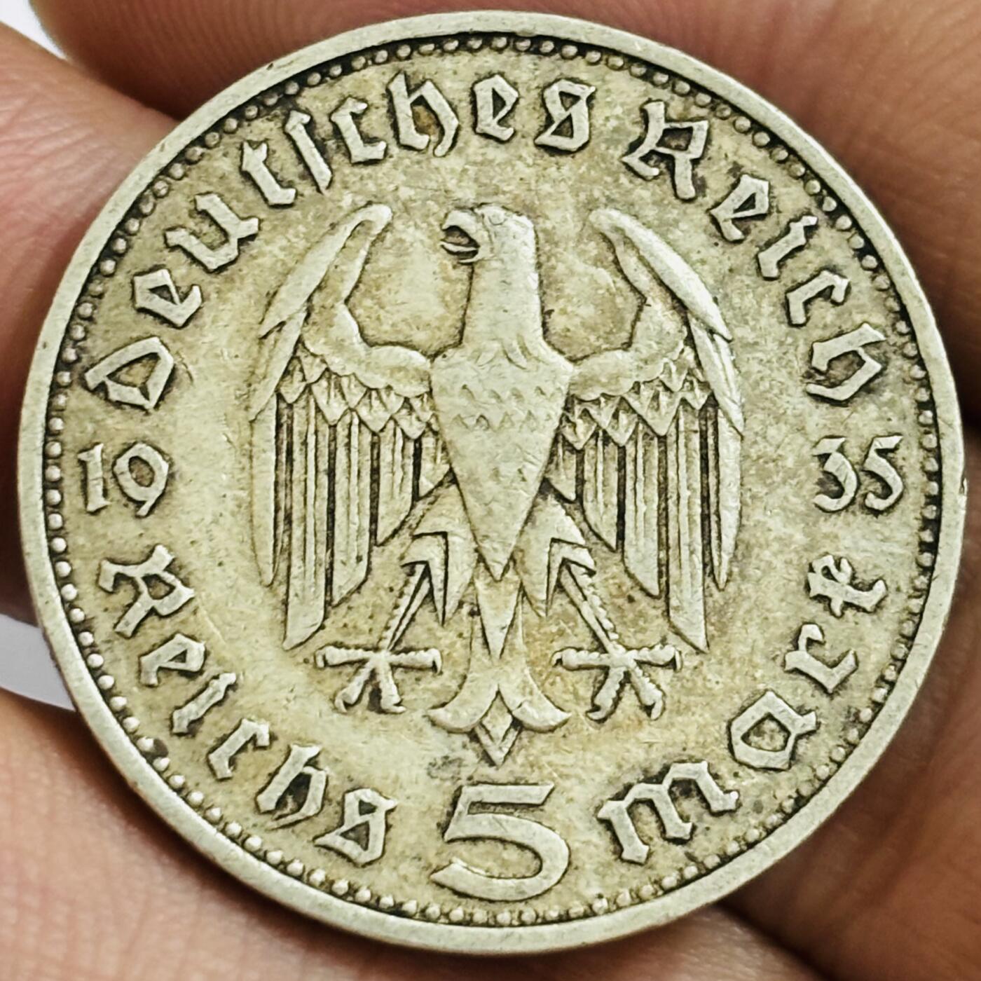 文馨钱币收藏第 286 场，圣诞节专场【 长期接收代拍品低至 0 佣金】 1935 年德国兴登堡 5 马克银币D 厂，第一版首发年份 900 高银