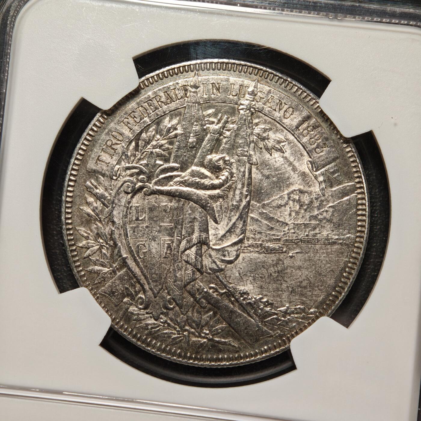 【德藏】世界币章拍卖第158期（拍品征集中~欢迎藏友联系） 1863年 瑞士提契诺州卢加诺联邦射击节5法郎纪念银币 NGC MS61 经典品种  状态极佳 原光十足 原味包浆