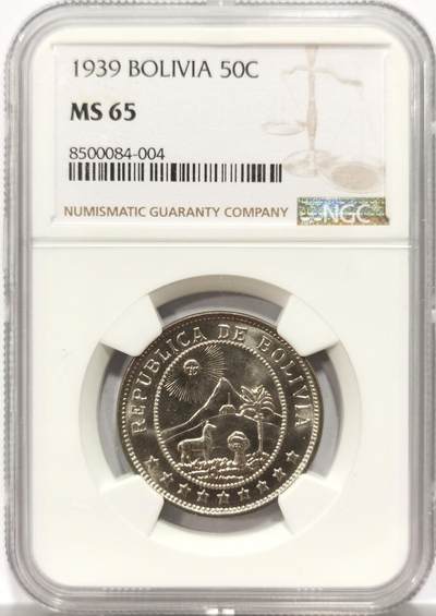 博洋堂世界钱币拍卖第154期（全场包邮） - NGC MS65 玻利维亚1939年50分