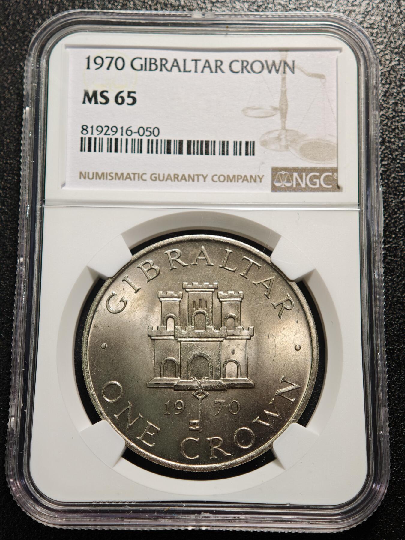 【德藏】世界币章拍卖第158期（拍品征集中~欢迎藏友联系） 1970年 直布罗陀伊丽莎白二世1克朗纪念镍币 NGC MS65 转光强