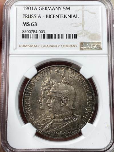 万国钱币拍卖第058期（万国新年大拍） - NGC MS63 1901年德国普鲁士建国200周年纪念长翅5马克 原味银霜欧陆五彩 普鲁士经典品种