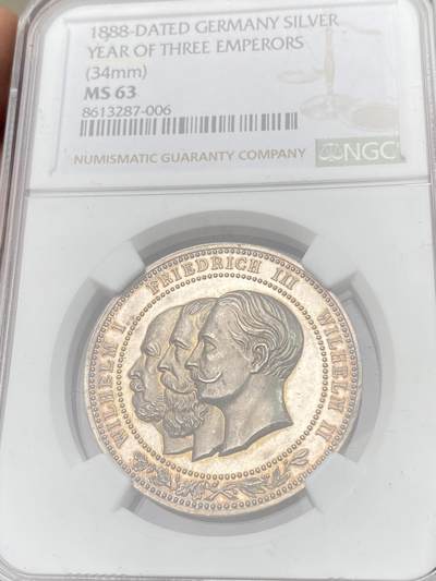 万国钱币拍卖第058期（万国新年大拍） NGC MS63 1888年德国三皇之年普鲁士鹰纪念银章 黄金彩完美包浆 高浮雕喷砂镜面精制三皇全深打的普鲁士鹰少见