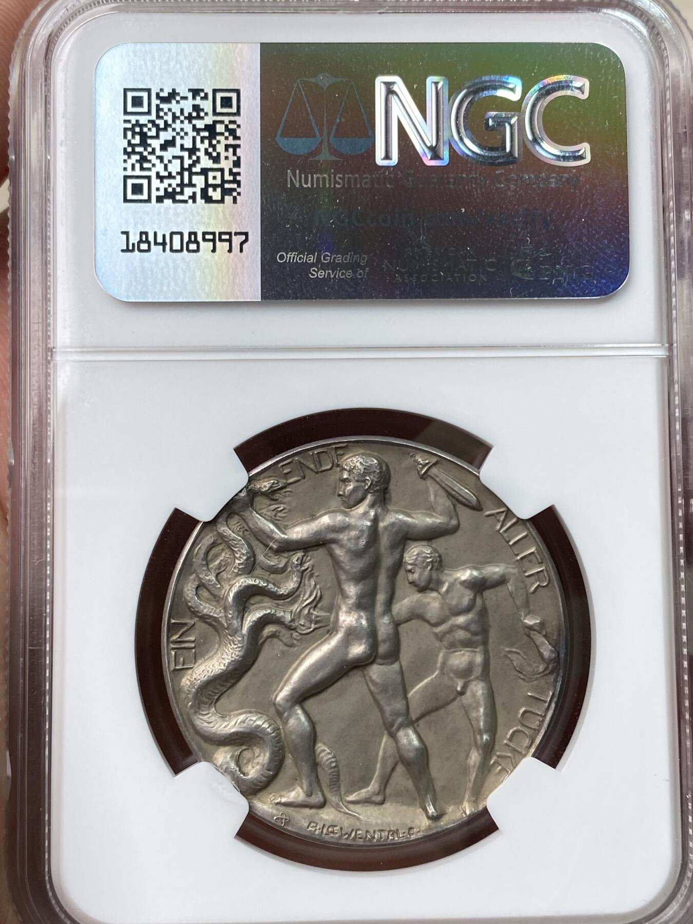 万国钱币拍卖第058期（万国新年大拍） NGC MS63 1914年德奥同盟威廉二世与弗朗茨一世同盟纪念银章 高浮雕帝国双力男斩杀九头蛇 罕见品种顶级设计 力学与美学的直观体现