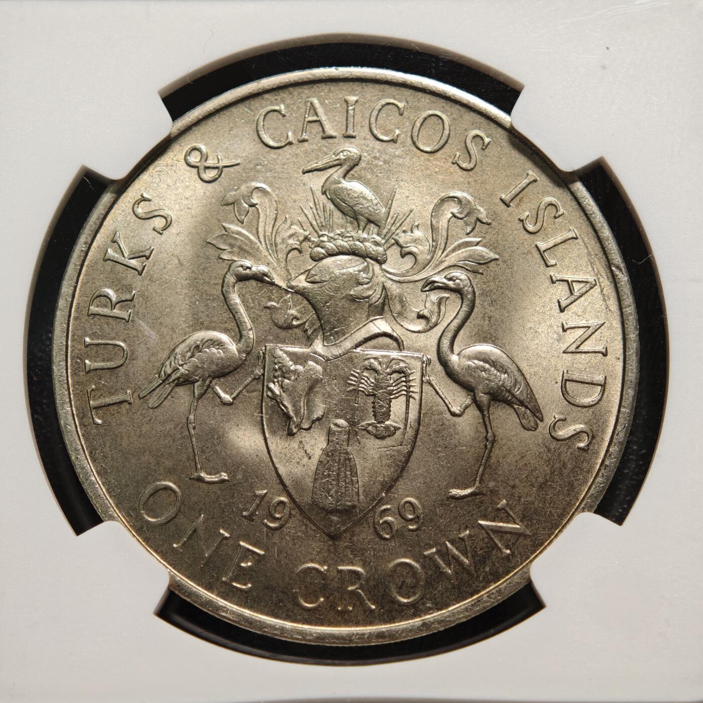 【德藏】世界币章拍卖第158期（拍品征集中~欢迎藏友联系） 1969年 特克斯和凯科斯群岛伊丽莎白二世1克朗纪念镍币 NGC MS65 原光十足