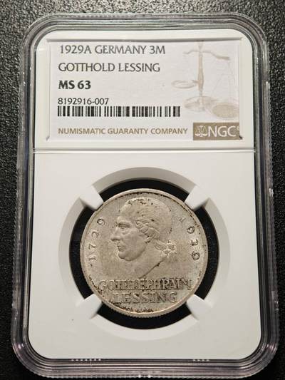 【德藏】世界币章拍卖第158期（拍品征集中~欢迎藏友联系） - 1929年 德国魏玛莱辛诞辰200周年纪念3马克银币 NGC MS63 状态极佳 莱辛1729年出生是德国启蒙运动的核心人物，其作品推动了德国文学与思想的现代化，此枚纪念币是魏玛时期文化纪念币的重要代表，魏玛共和国发行此币以纪念这位思想巨匠