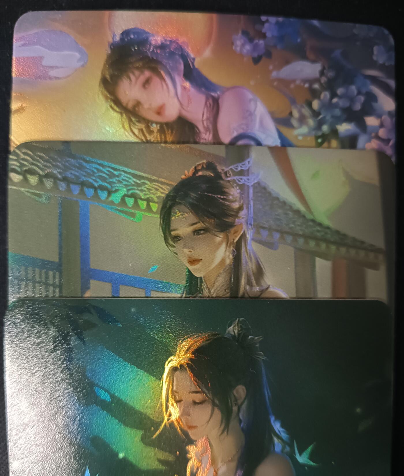 花开卡拍第53期（12月28号周日截拍，品控勿拍!!!拍品不寄存，运费5元，自制卡难免瑕疵，可能存在轻微撞角爆边等出厂瑕疵，品控介意勿拍！） 鸡腿卡牌 倾国洛依 第十八期 三张清凉版 彩闪