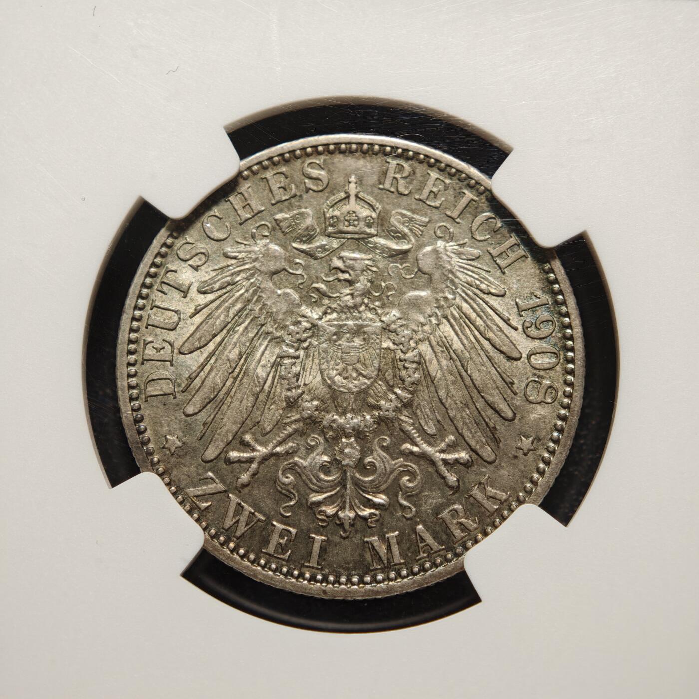 【德藏】世界币章拍卖第158期（拍品征集中~欢迎藏友联系） 1908年 德国巴伐利亚奥托2马克银币 NGC AU58 淡彩包浆 状态极佳