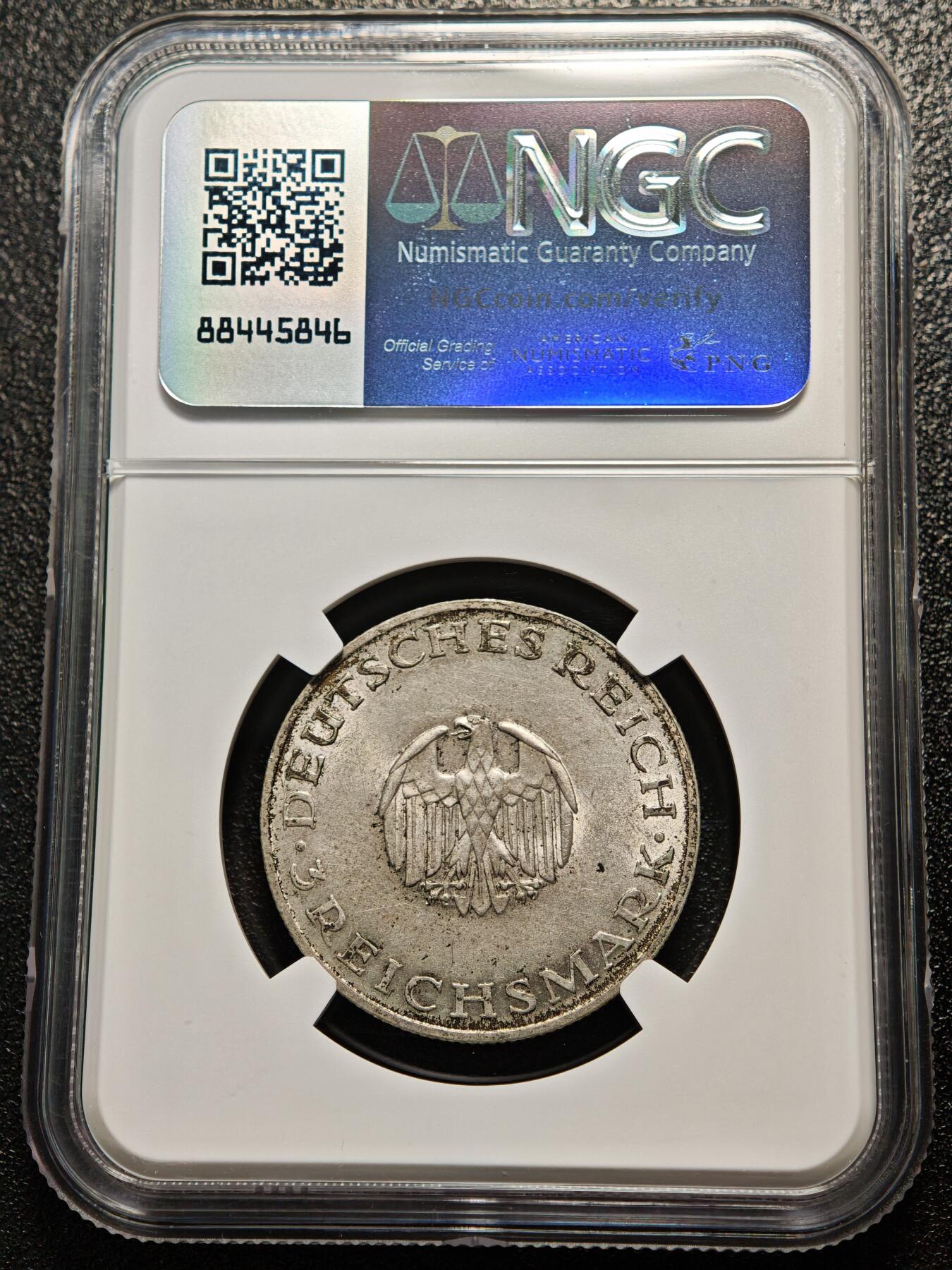 【德藏】世界币章拍卖第158期（拍品征集中~欢迎藏友联系） 1929年 德国魏玛莱辛诞辰200周年纪念3马克银币 NGC MS63 状态极佳 莱辛1729年出生是德国启蒙运动的核心人物，其作品推动了德国文学与思想的现代化，此枚纪念币是魏玛时期文化纪念币的重要代表，魏玛共和国发行此币以纪念这位思想巨匠