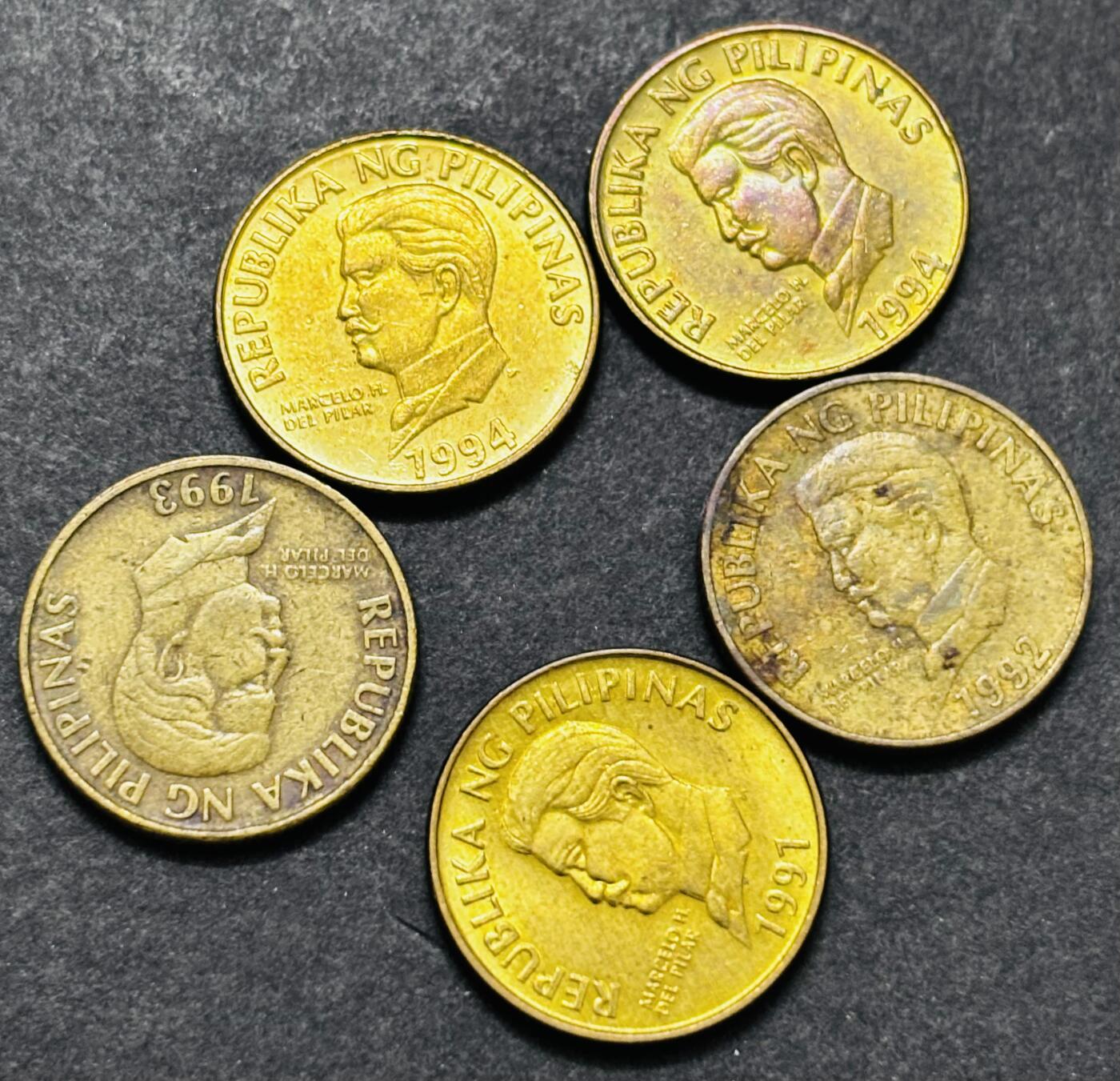 文馨钱币收藏第 286 场，圣诞节专场【 长期接收代拍品低至 0 佣金】 好品菲律宾 1991-94 年飞鹰 50 分铜币 5 枚