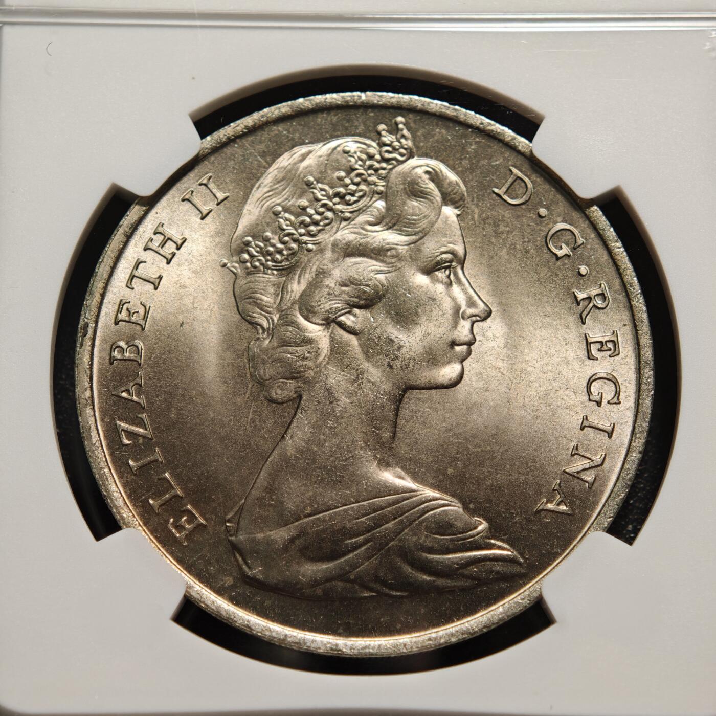 【德藏】世界币章拍卖第158期（拍品征集中~欢迎藏友联系） 1970年 直布罗陀伊丽莎白二世1克朗纪念镍币 NGC MS65 转光强