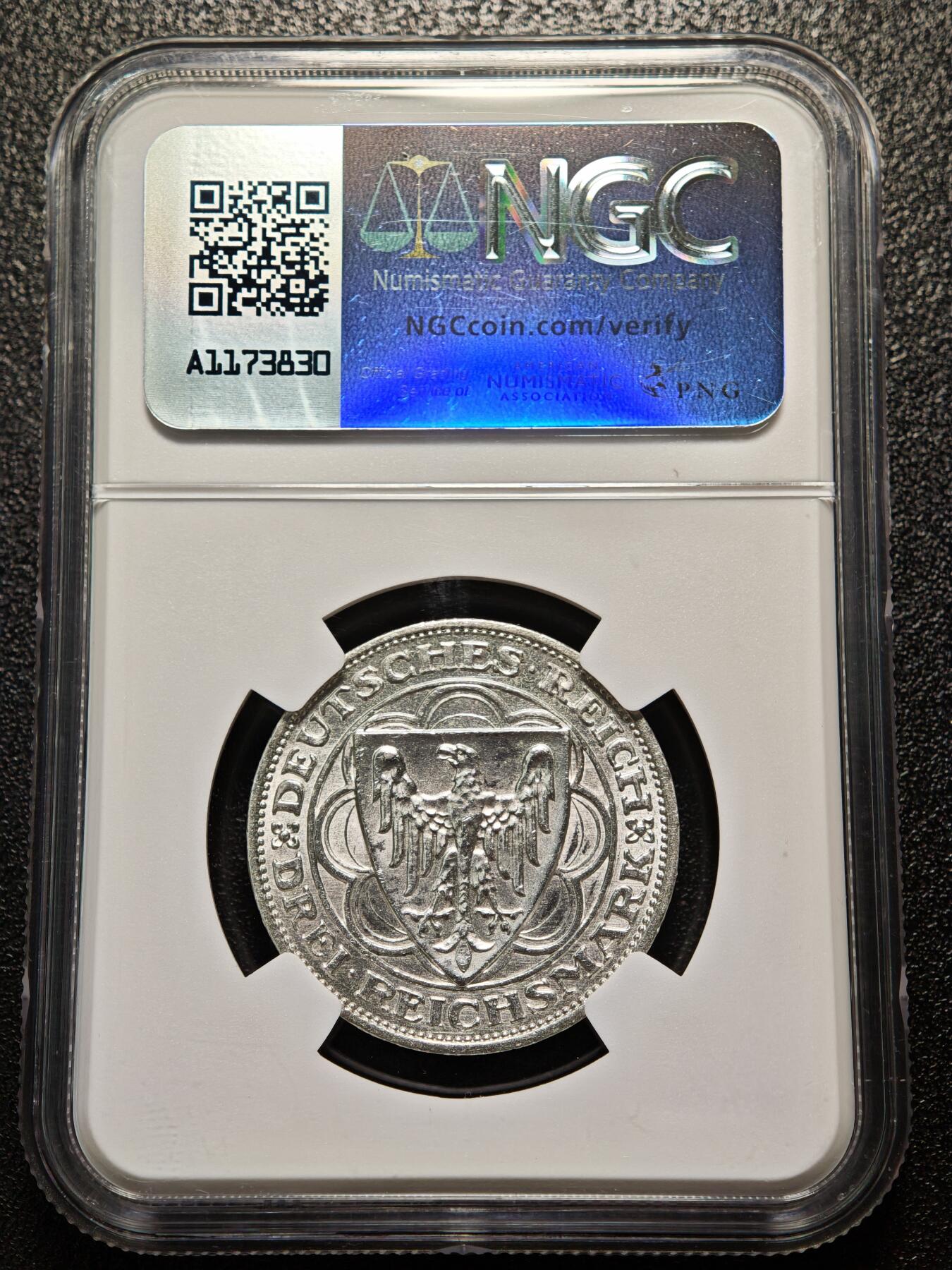 【德藏】世界币章拍卖第158期（拍品征集中~欢迎藏友联系） 1927年 德国魏玛不来梅港建港300周年纪念3马克银币 NGC MS63 原光十足 状态极佳