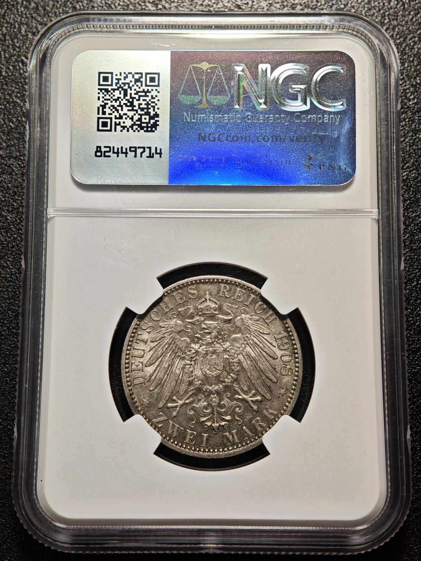 【德藏】世界币章拍卖第158期（拍品征集中~欢迎藏友联系） 1908年 德国巴伐利亚奥托2马克银币 NGC AU58 淡彩包浆 状态极佳