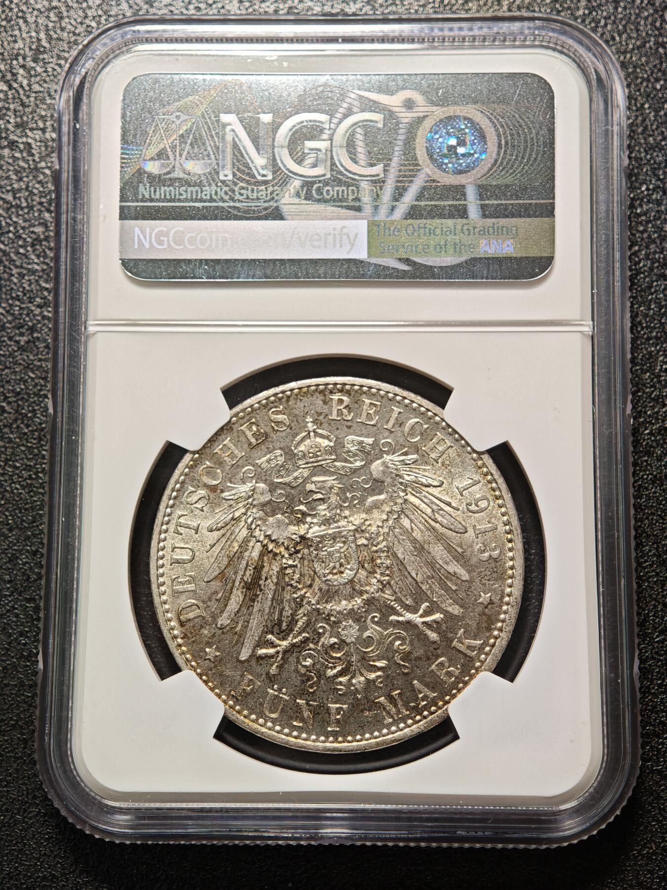 【德藏】世界币章拍卖第158期（拍品征集中~欢迎藏友联系） 1913年 德国巴伐利亚奥托5马克大银币 NGC MS62 原光十足 黄油包浆