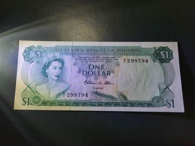 12月21号晚上8点 外国纸币自动截拍第75场 -  1974年 巴哈马1元 纸币 女王彩背 稀少签名 新品