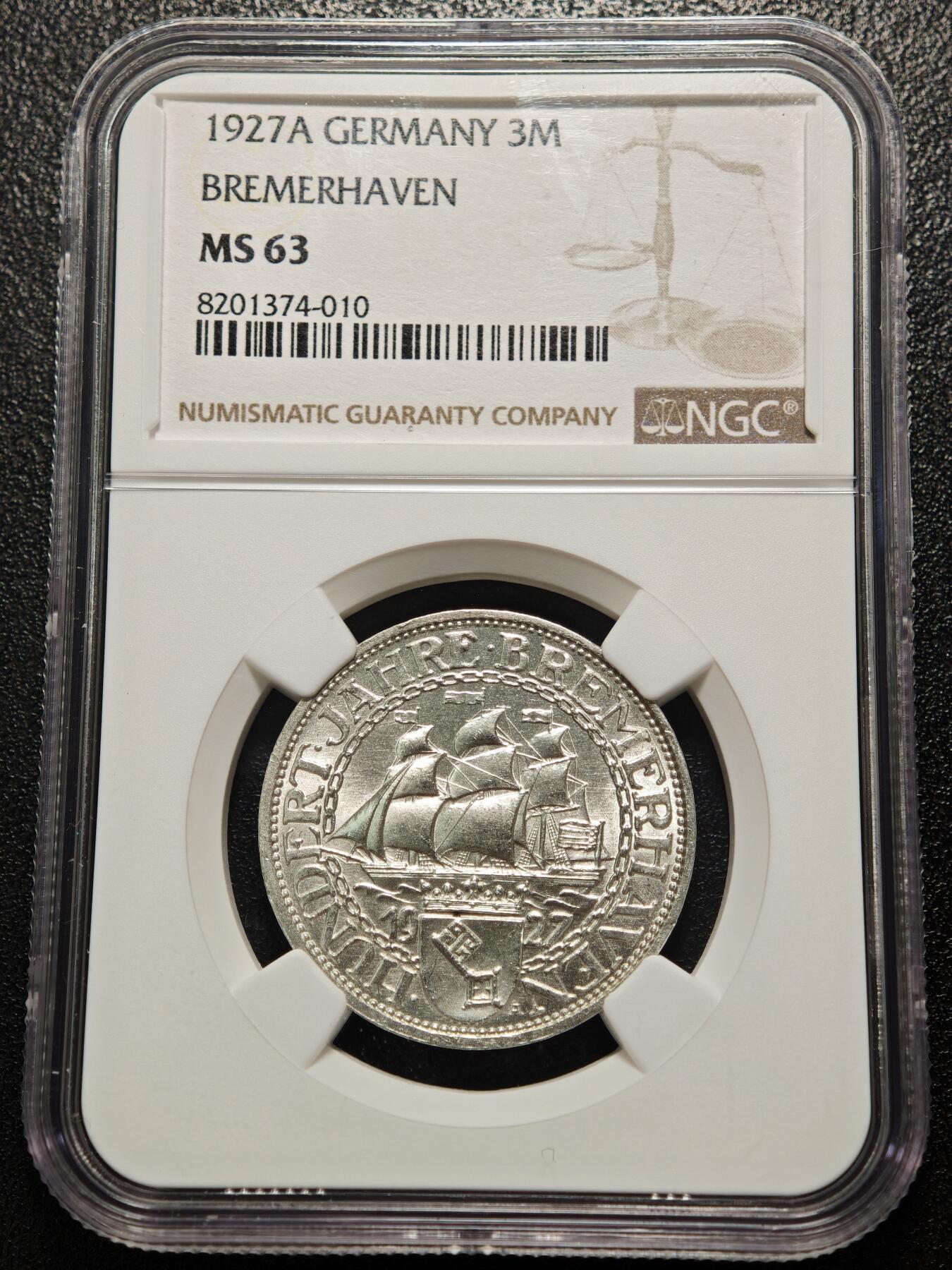 【德藏】世界币章拍卖第158期（拍品征集中~欢迎藏友联系） 1927年 德国魏玛不来梅港建港300周年纪念3马克银币 NGC MS63 原光十足 状态极佳