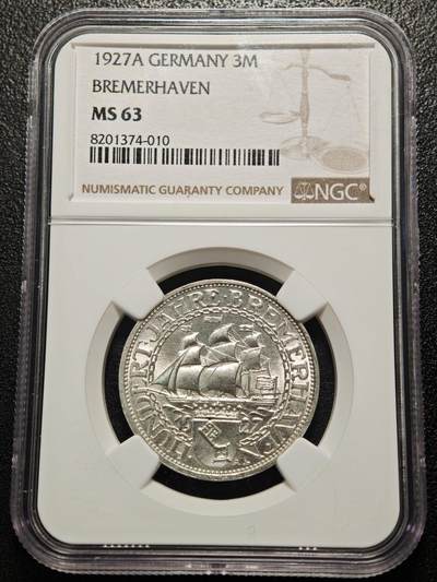 【德藏】世界币章拍卖第158期（拍品征集中~欢迎藏友联系） - 1927年 德国魏玛不来梅港建港300周年纪念3马克银币 NGC MS63 原光十足 状态极佳