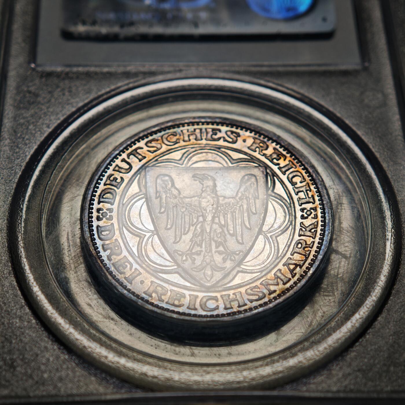 【德藏】世界币章拍卖第158期（拍品征集中~欢迎藏友联系） 1927年 德国魏玛不来梅港建港300周年纪念3马克精制银币 PCGS PR65 环彩包浆 状态极佳