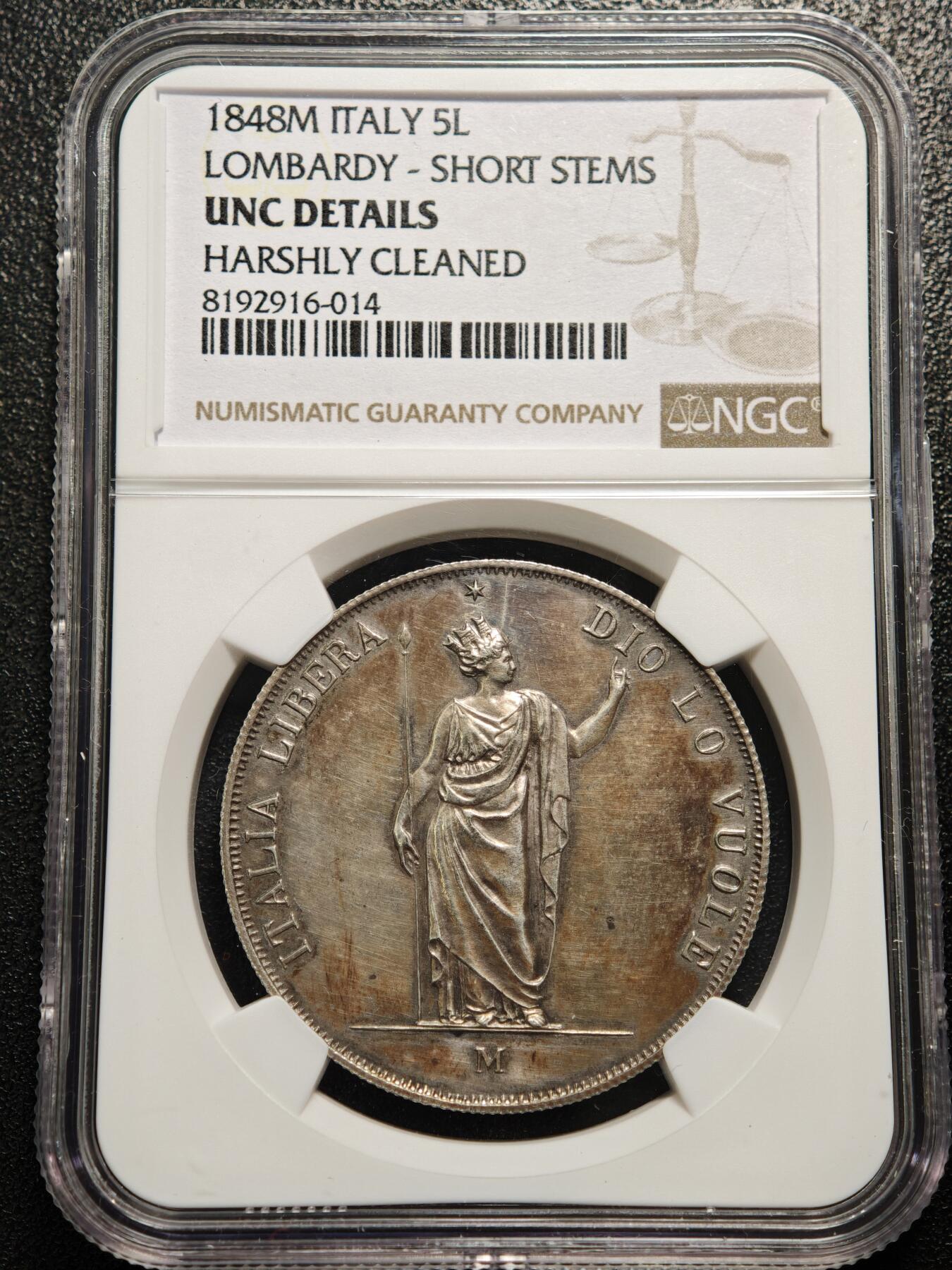 【德藏】世界币章拍卖第158期（拍品征集中~欢迎藏友联系） 1848年 意大利伦巴第临时政府5里拉大银币 NGC UNC 细节完整