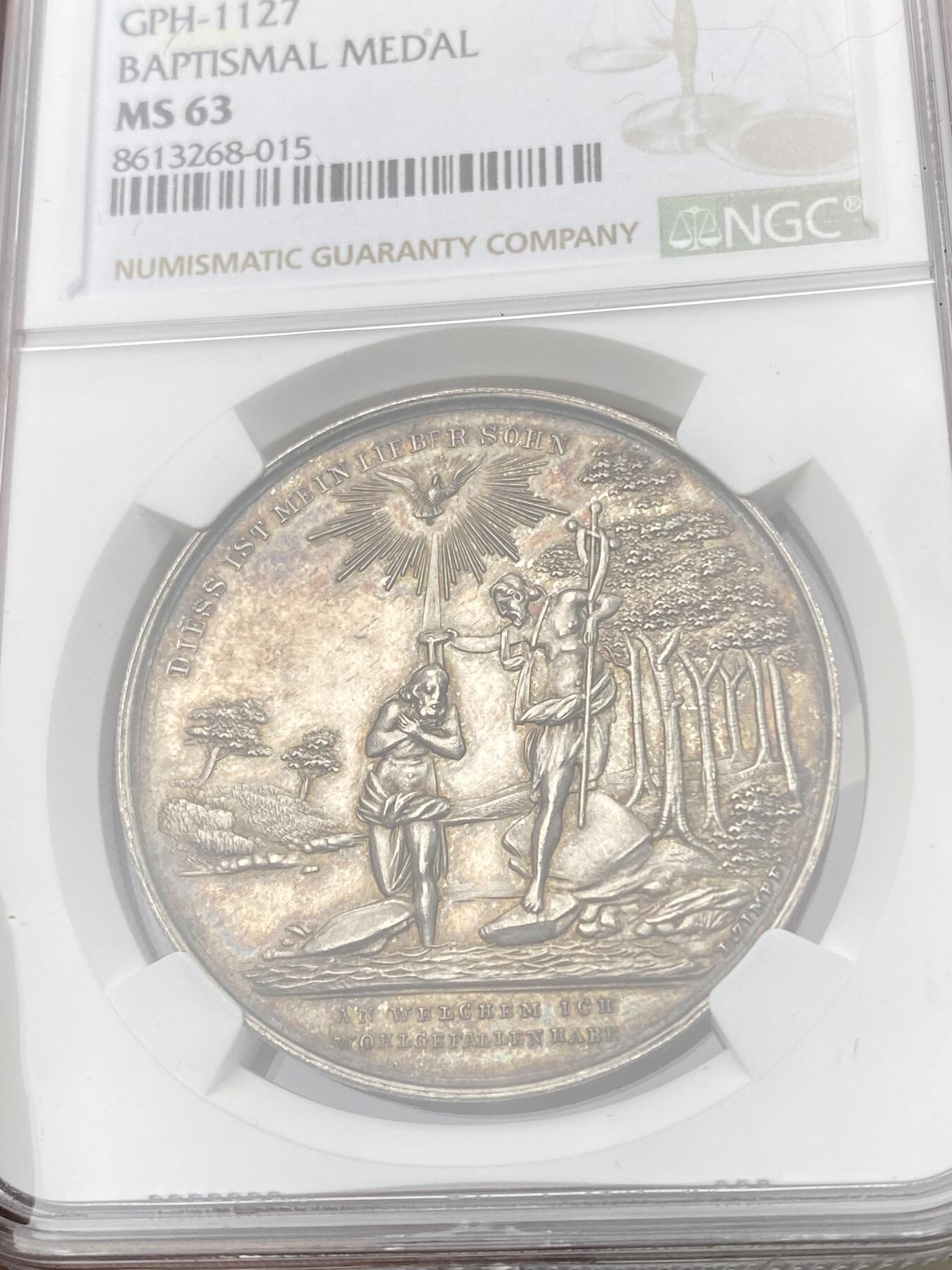 万国钱币拍卖第058期（万国新年大拍） NGC MS63 19世纪奥地利洗礼纪念大银章 正面为约翰为耶稣在约旦河施洗 背面小天使手持盾徽未签名未使用款原味极其精美