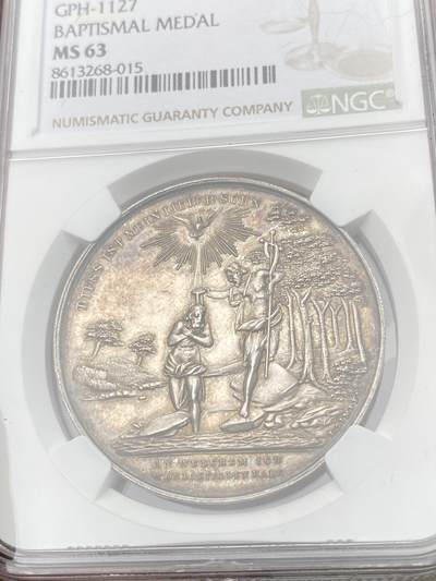 万国钱币拍卖第058期（万国新年大拍） NGC MS63 19世纪奥地利洗礼纪念大银章 正面为约翰为耶稣在约旦河施洗 背面小天使手持盾徽未签名未使用款原味极其精美