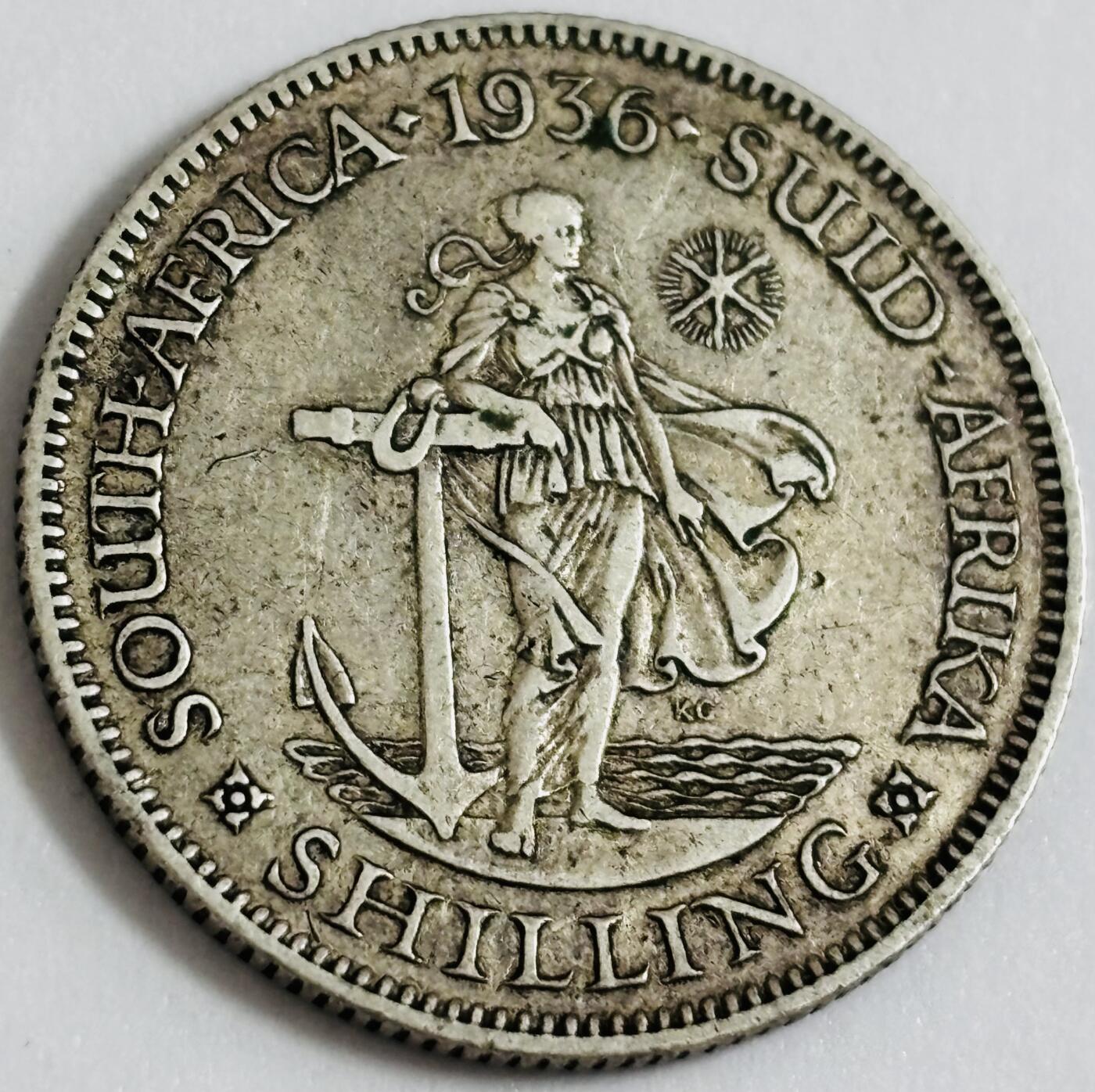 文馨钱币收藏第 286 场，圣诞节专场【 长期接收代拍品低至 0 佣金】 稀少好品 1936 年英属南非乔治五世 1 先令银币，第三版关门年 800 银，第三版设计不同