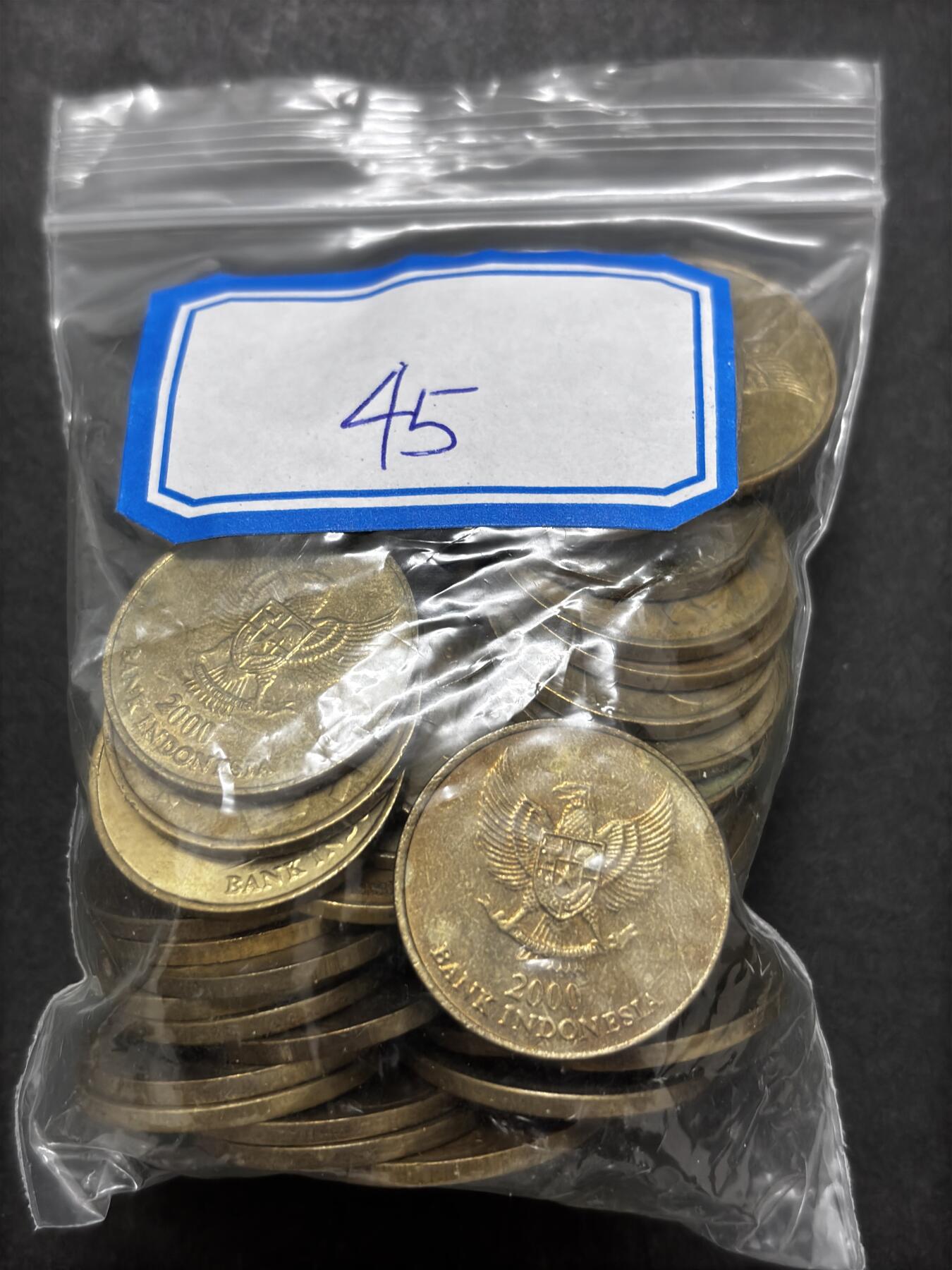 文馨钱币收藏第 286 场，圣诞节专场【 长期接收代拍品低至 0 佣金】 原铜光好品印度尼西亚 1997-2003 年 500 卢比铜币一组 45 枚，年份未挑