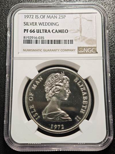 【德藏】世界币章拍卖第158期（拍品征集中~欢迎藏友联系） - 1972年 马恩岛伊丽莎白二世银婚纪念25便士精制纪念镍币 NGC PF66UC 品相极佳