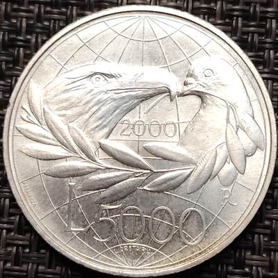 布加迪🐬～世界钱币(上海)🌾第 267 期 /  各国套币和散币 - 圣马力诺🇸🇲 2000年 5000里拉银币 老鹰和平鸽 18g/32mm